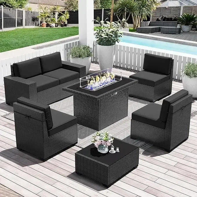 7-Piece Outdoor Patio Furniture with 44-inch Fire Pit Table Rattan Sectional Sofa Conversation Set
