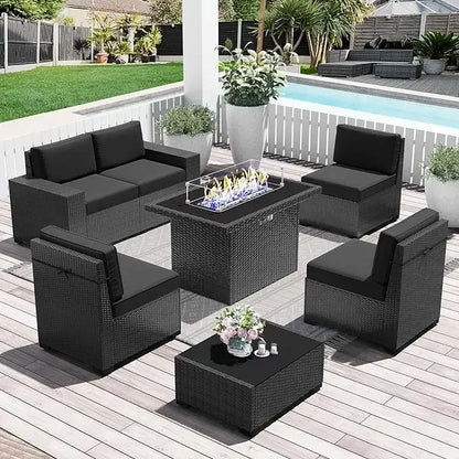 7-Piece Outdoor Patio Furniture with 44-inch Fire Pit Table Rattan Sectional Sofa Conversation Set