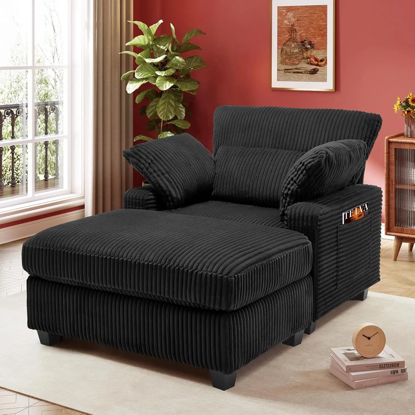 Indoor Chaise Lounge Chair, 57.52 “D Recliner, Corduroy Fabric + Upholstered Comfort Sofa for Living Room, Bedroom, Office