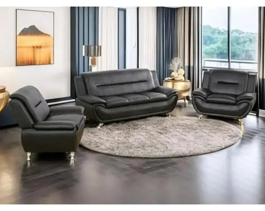 Contemporary Faux Leather Sofa Set Living Room Furniture Full Set Black-B 3PCS)