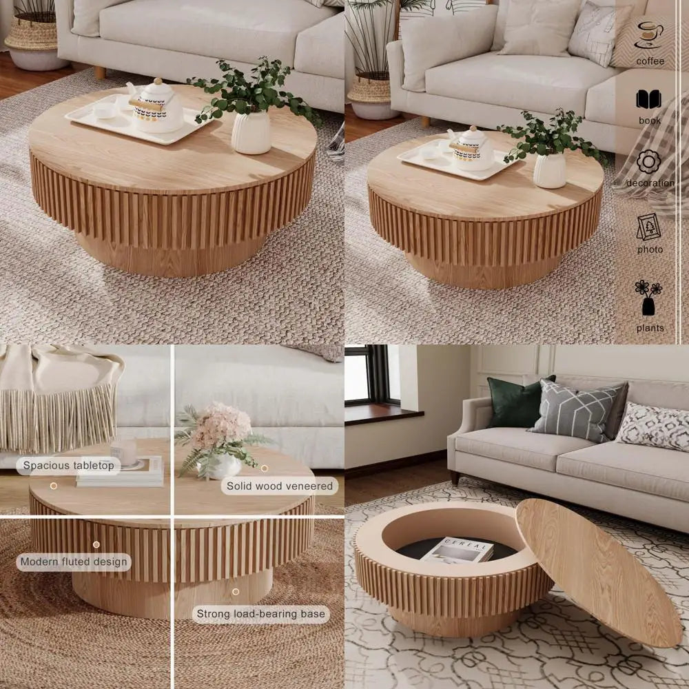 Modern Wooden Round Coffee Table with Storage, Solid Wood Veneer Accent Table for Living Room