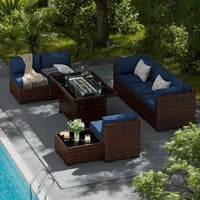 8 Pieces Outdoor Furniture Sectional Rattan Sofa with Fire Pit Table, Patio Couch with Glass Coffee Table for Backyard Garden