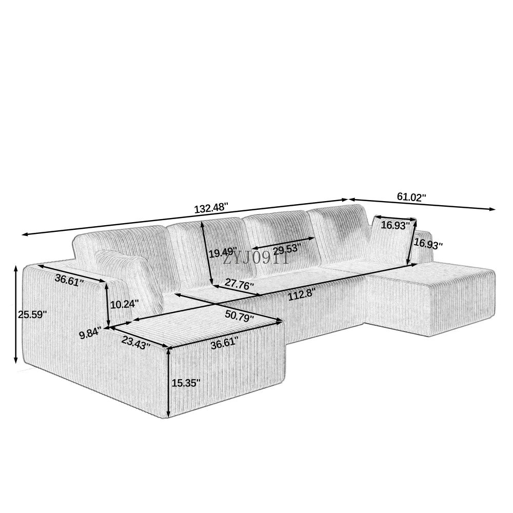 U-shaped modular sectional sofa, compressed sectional sofa, modern minimalist style corduroy sofa, living room sofa