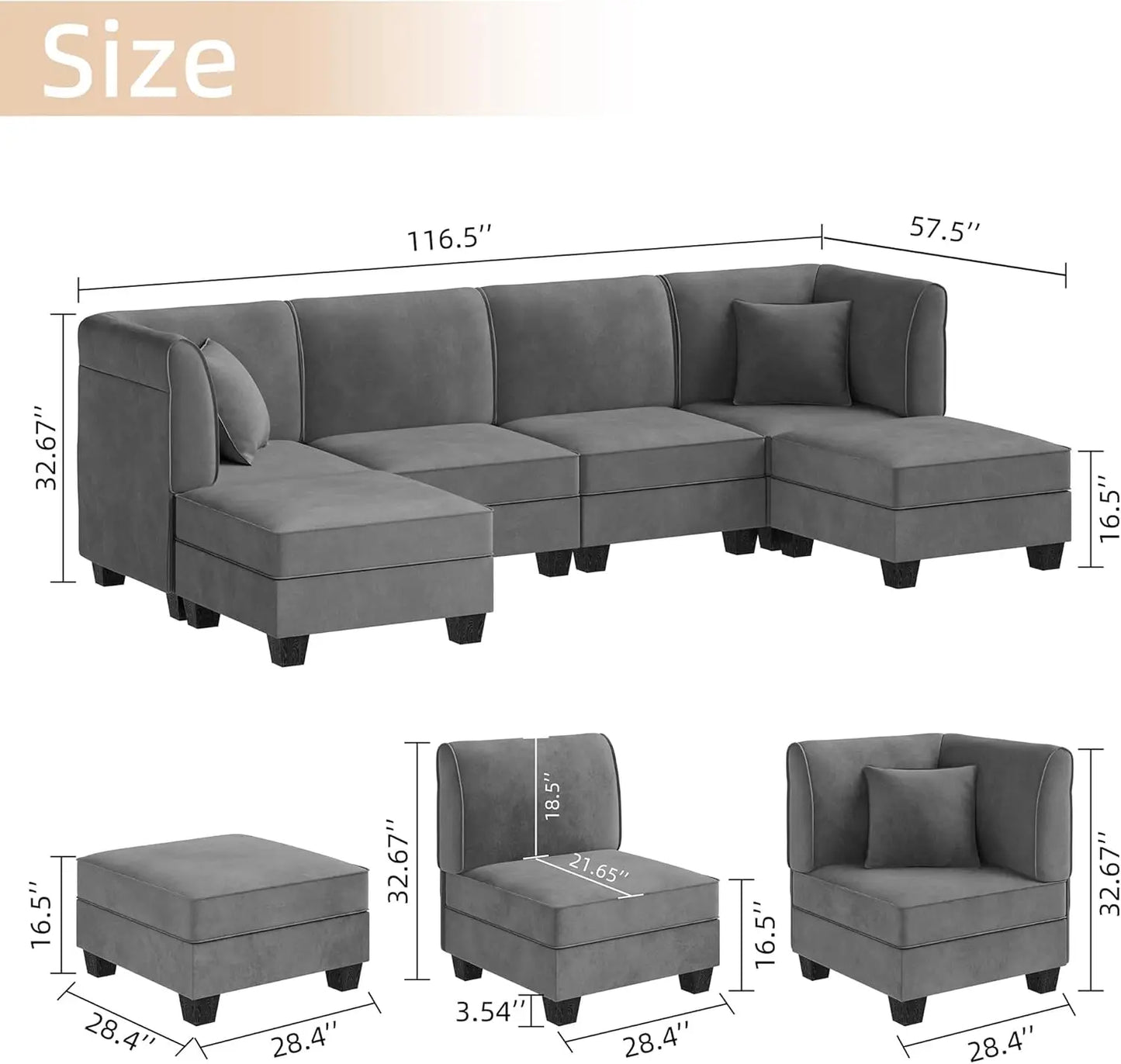 u-shaped velvet sectional sofa with reversible chaise for 6 people, 116" large living room furniture