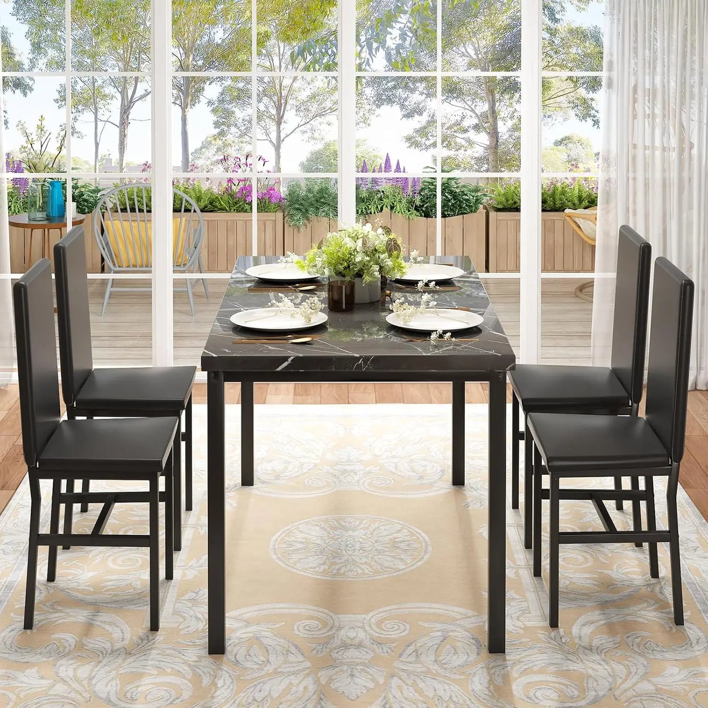 Modern Faux Marble Dining Table Set for 4 with 4 PU Leather Chairs, Black