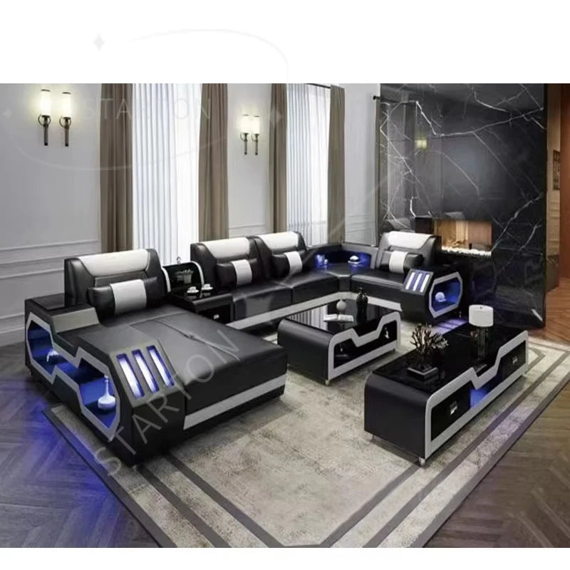 Modern Design Leather L Shape Sofa Set Living Room Home Furniture  Leather Sofa Set Usb Charge Sofa With Music Play