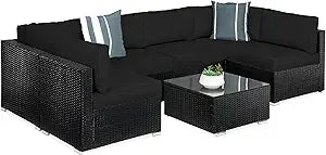 Seven Piece Modular Set, Outdoor Sectional Wicker Patio, Conversation With Two Pillows, Coffee Table Cover Included