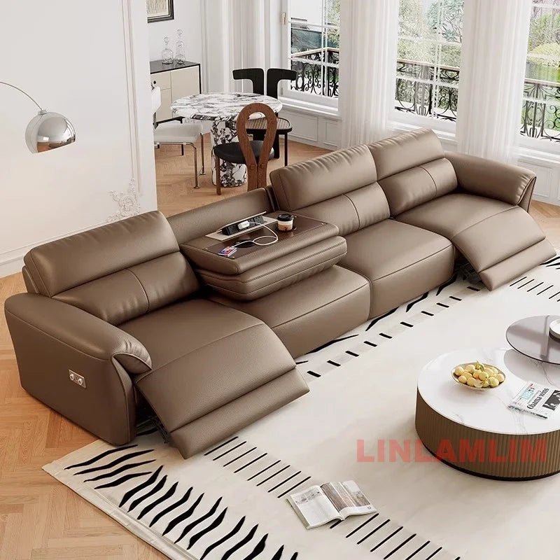 MINGDIBAO Modern Recliner Sofa with Hidden Foldable Tray Table and USB – Italian Genuine Leather Sectional Couch for Living Room