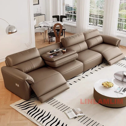MINGDIBAO Modern Recliner Sofa with Hidden Foldable Tray Table and USB – Italian Genuine Leather Sectional Couch for Living Room