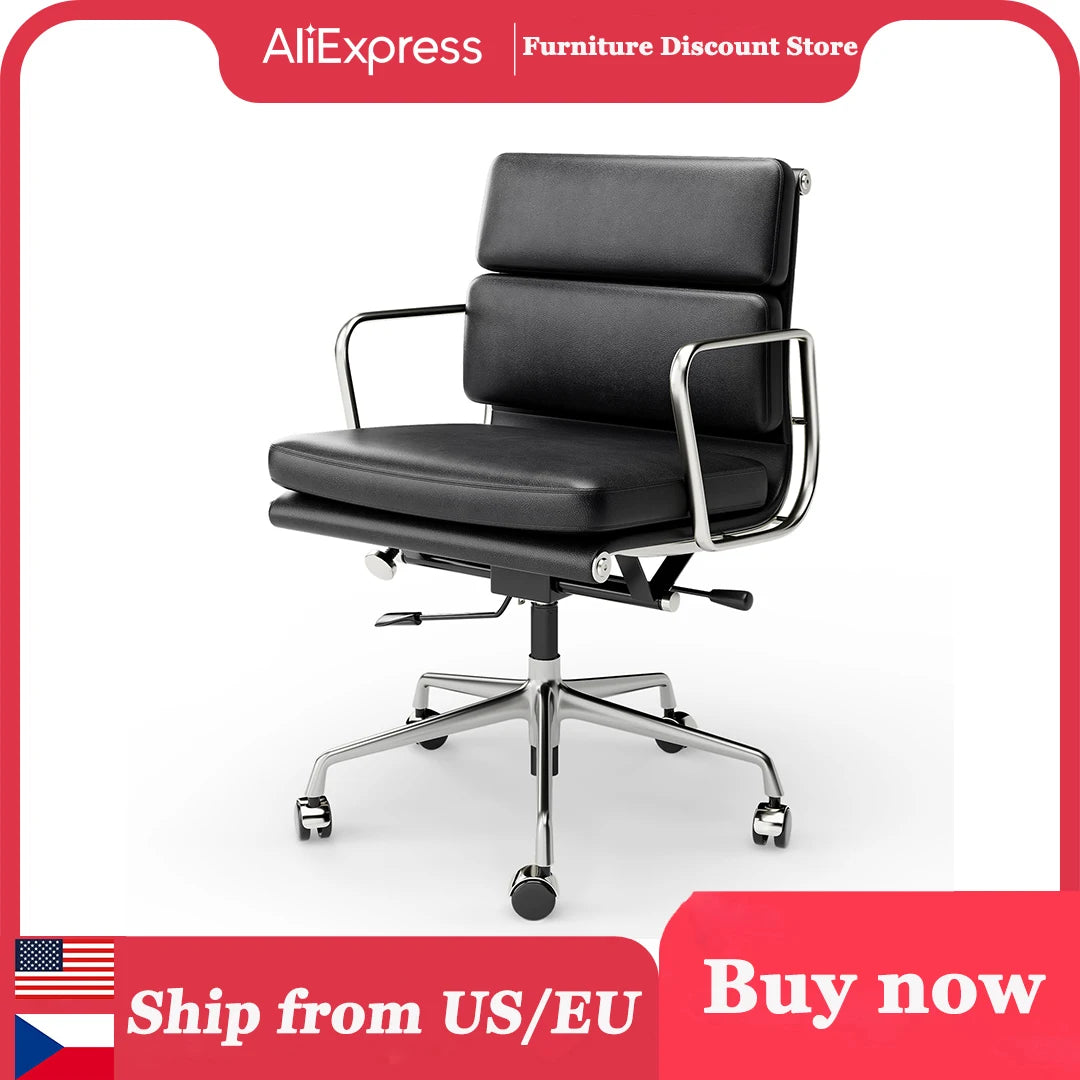 Classic Office Chair Genuine Leather Executive Desk with Lumbar Support Ergonomic Computer Chair with Aluminum Arms Office Room
