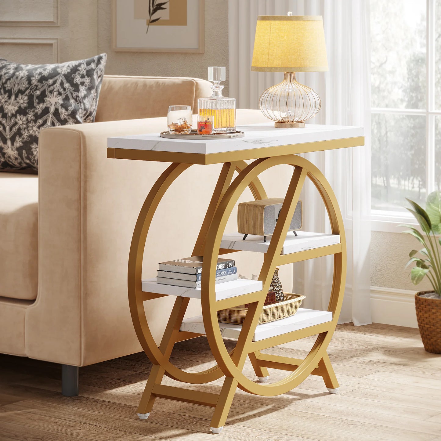Tribesigns End Table for Living Room, 3-Tier Narrow Side Table with Storage, Wood Sofa Side Table with Geometric Metal Frame