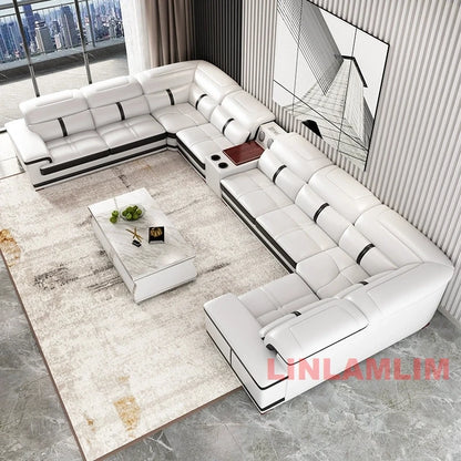 Modern U-Shaped Sectional Sofa with Chaise, White Genuine Leather Couch with Cup Holders, USB – Large Living Room Furniture Set