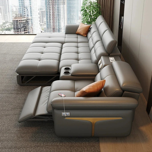 Modern Electric Recliner Sofa Bed with Adjustable Backrest, L-Shaped Multifunctional Italian Genuine Leather Sectional Couch