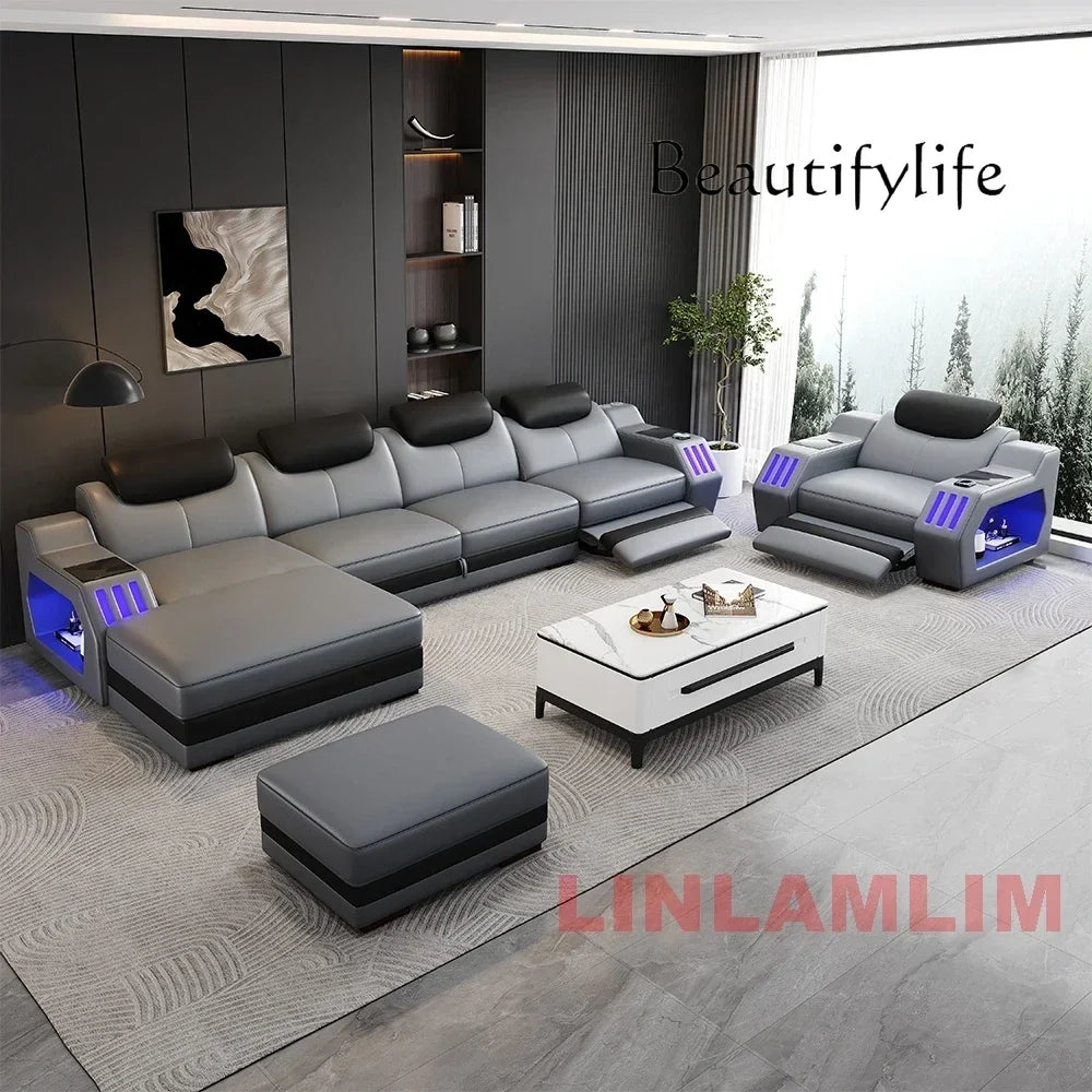 NEW Modern L-Shaped Sectional Sofa Bed with Adjustable Headrests & LED Lights, Genuine Leather Recliner Couch with Storage & USB