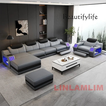 NEW Modern L-Shaped Sectional Sofa Bed with Adjustable Headrests & LED Lights, Genuine Leather Recliner Couch with Storage & USB
