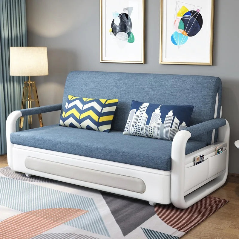 Modern Folding Sofa Bed with Fabric Upholstery Apartment Furniture Metal Frame Extendable for Living Room Dining Hotel Use