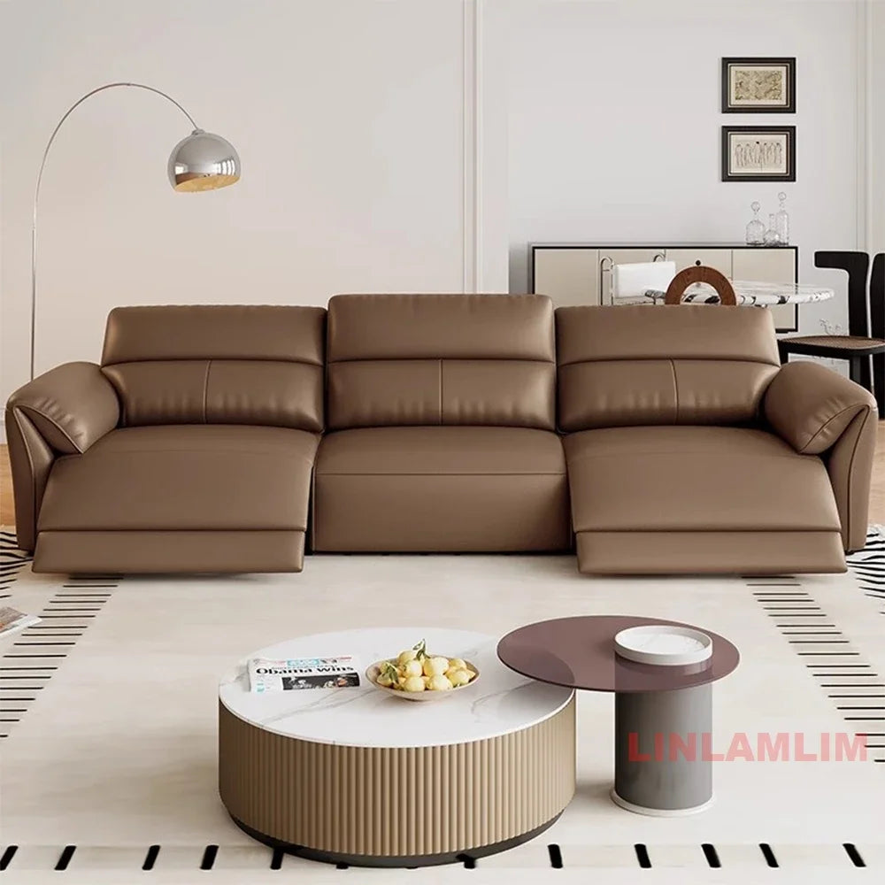 MINGDIBAO Modern Recliner Sofa with Hidden Foldable Tray Table and USB – Italian Genuine Leather Sectional Couch for Living Room