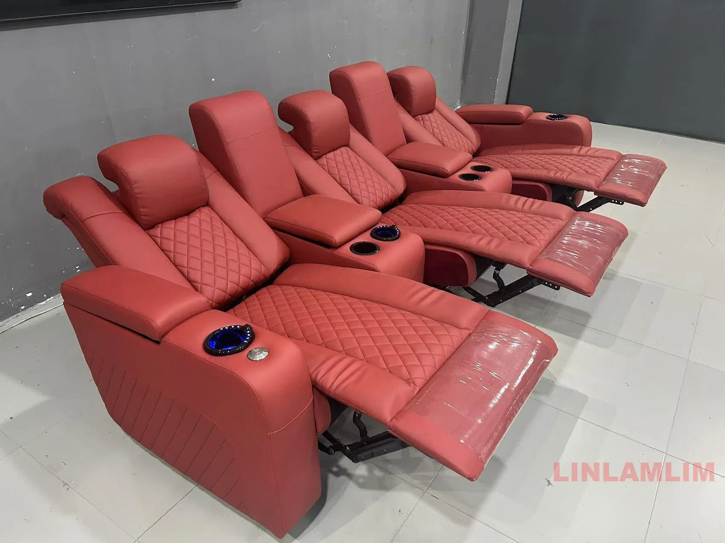 Linlamlim Luxury 3-Seat Recliner Sofa with Cup Holders, Leather Home Theater Seating, Cinema Recliner Couch with Center Console
