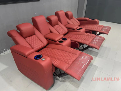 Linlamlim Luxury 3-Seat Recliner Sofa with Cup Holders, Leather Home Theater Seating, Cinema Recliner Couch with Center Console