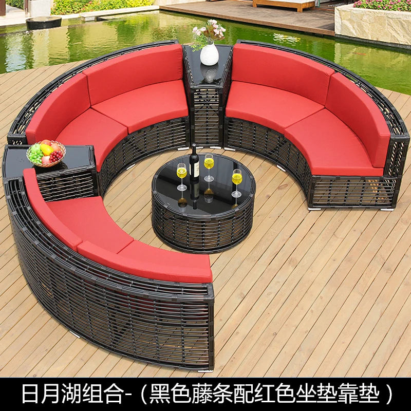 Rattan sofa combination courtyard garden leisure outdoor living room custom semi-circular arc rattan chair terrace outdoor