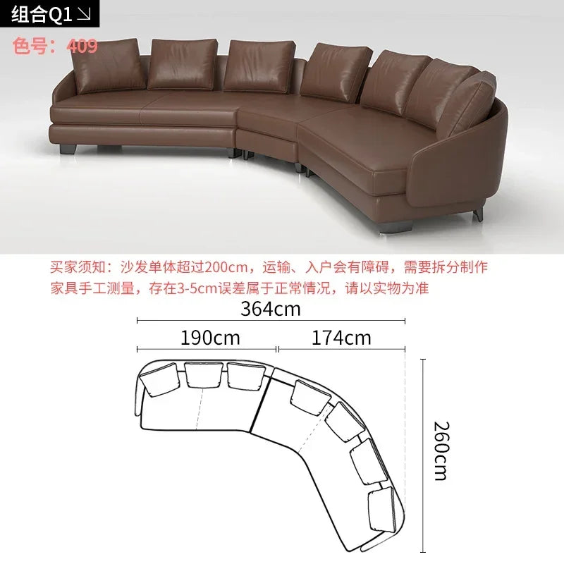 Designer Curved Leather Sofa Italian Cowhide Light Luxury Brands High-End
