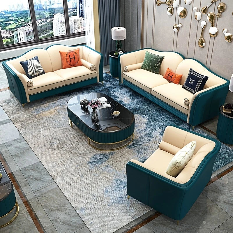 Canapé en cuir nordique de luxe léger, italien, moderne, haut de gamme, pour salon, appartement, combinaison créative en cuir pour trois personnes