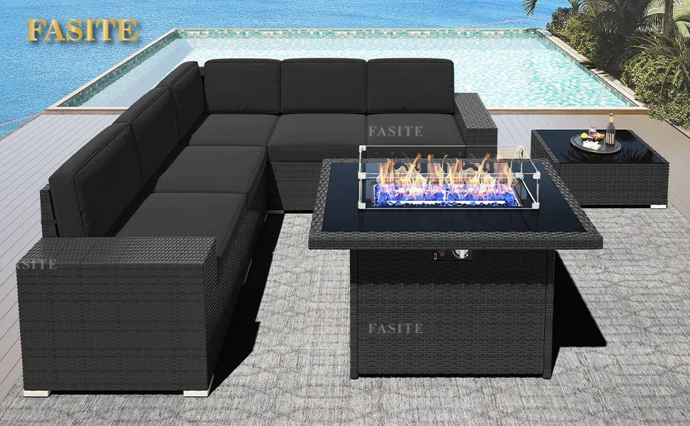 7-Piece Outdoor Patio Furniture with 44-inch Fire Pit Table Rattan Sectional Sofa Conversation Set