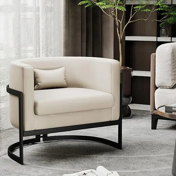 Upholstered Modern Living Room Chair Barrel Accent Chairs, Faux Leather Armchair Mid Century Lounge Chair Anti Scratch Sofa Tub