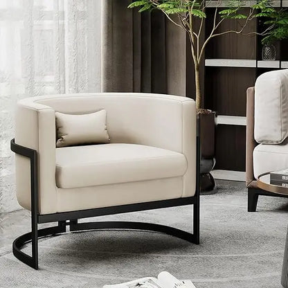 Upholstered Modern Living Room Chair Barrel Accent Chairs, Faux Leather Armchair Mid Century Lounge Chair Anti Scratch Sofa Tub