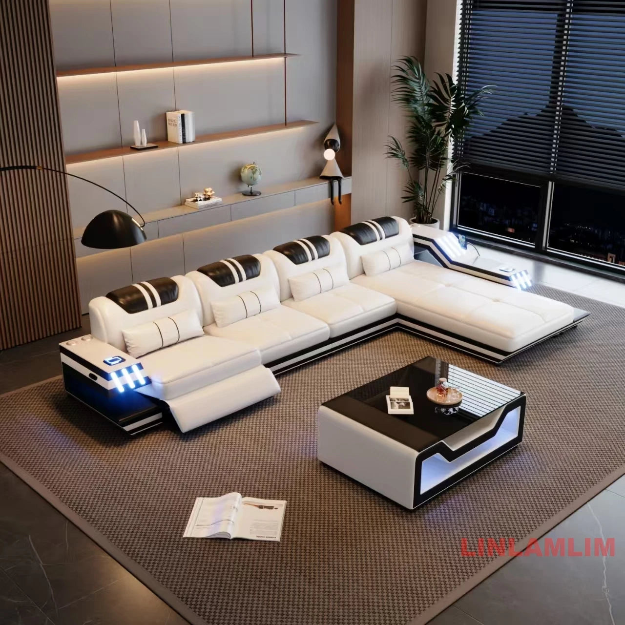 Convertible Genuine Leather Sectional Sofa Bed with Adjustable Headrests, Electric Recliners, Storage, Speakers, USB & LED Light