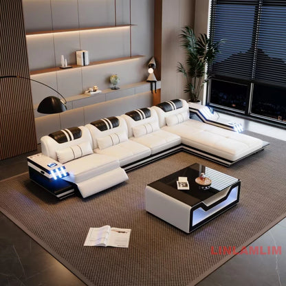 Convertible Genuine Leather Sectional Sofa Bed with Adjustable Headrests, Electric Recliners, Storage, Speakers, USB & LED Light