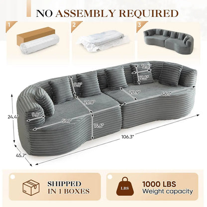 Oversized Curved Sectional Sofa, 106” Modern Boneless Modular 4-Seater Couch with 6 Pillows Corduroy Deep Seat Sofas, Custom