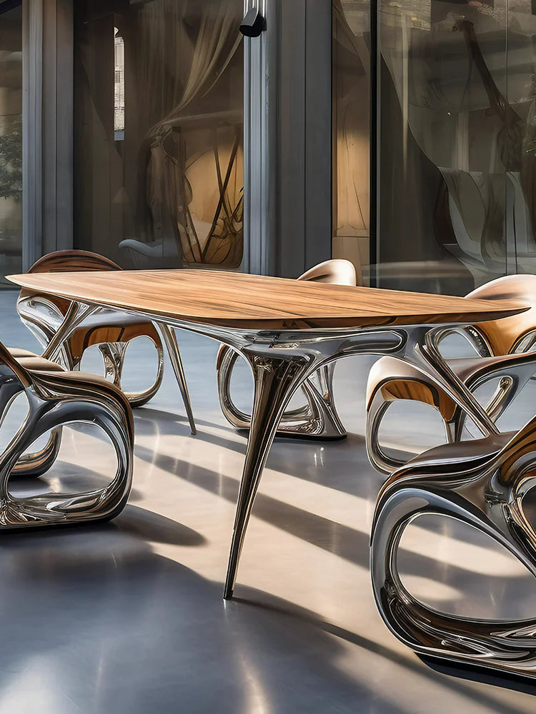 Steel and wood art light luxury dining tables and chairs, art luxury international pavilion furniture