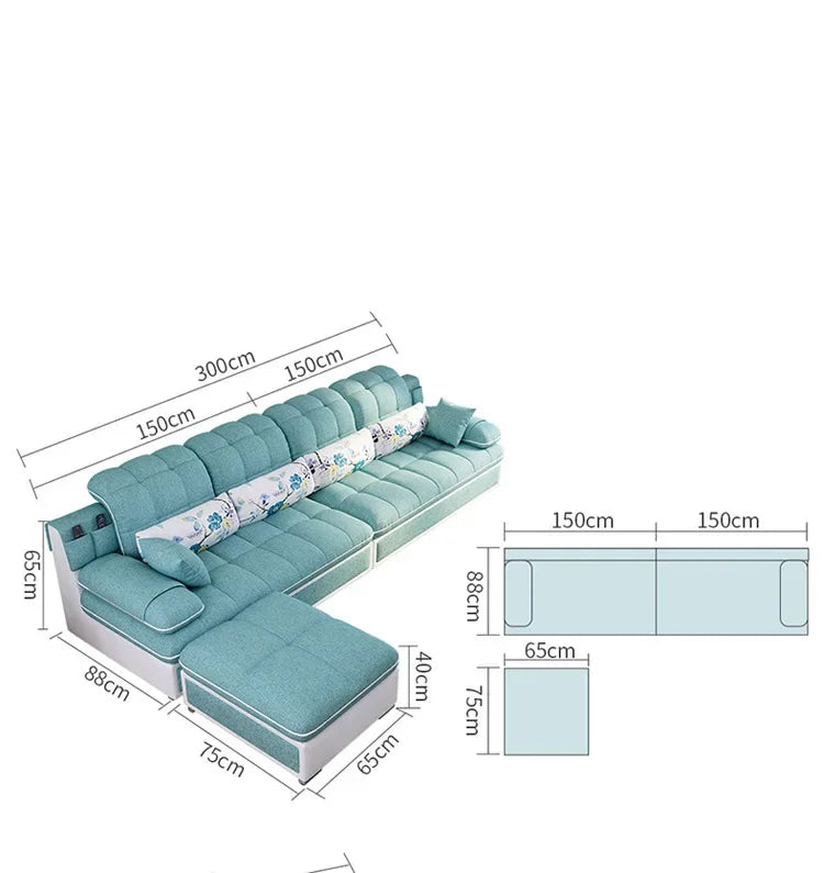 Nordic Modern Sky Blue L-Shaped Corner Sofa Soft Three Seater Loveseat and Bunk Bed Couch Set for Living Room