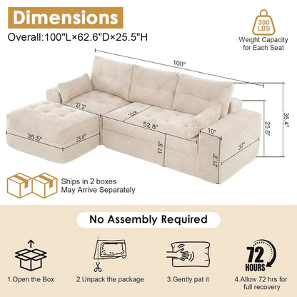 Redlife 100" L-Shaped Modular Sectional Sofa with Ottoman, 3-Seat Corduroy Couch with 30D High-Density Foam, No, Customized