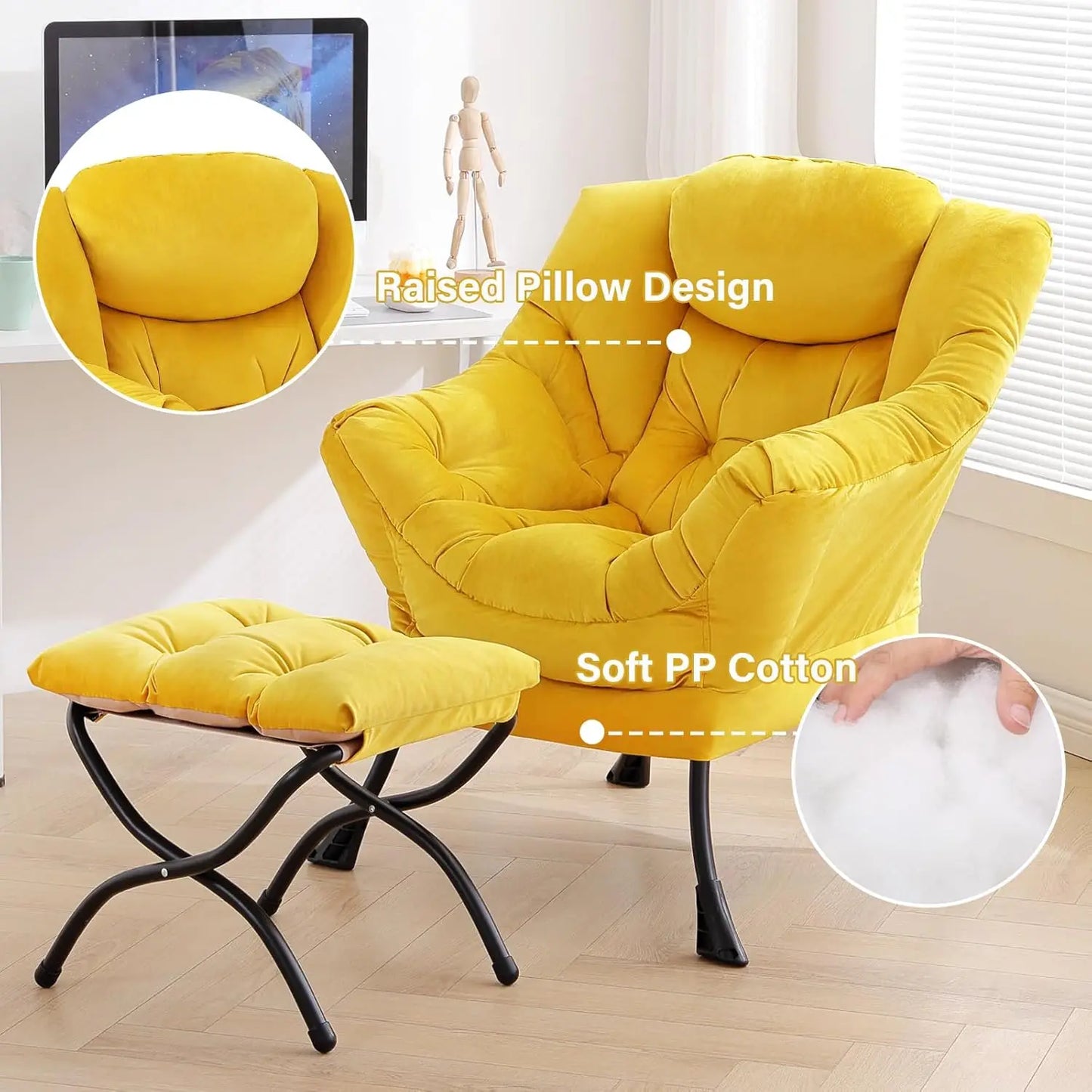 Modern Velvet Lounge Chair with Ottoman, Comfy Reading Armchair with Footrest for Living Room, Bedroom, Dorm