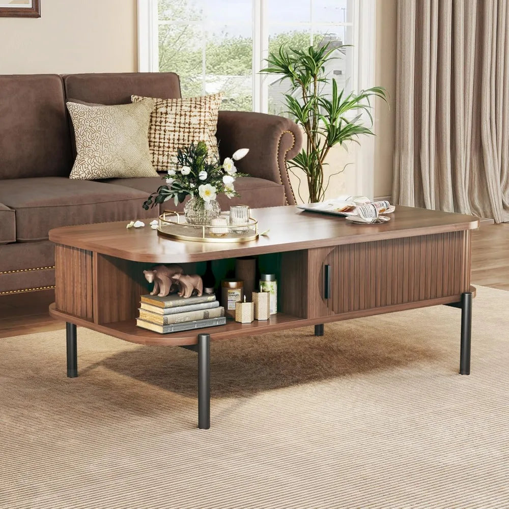 coffee table, 39.4" mid century modern coffee tables for living room, coffee table with storage open shelf, fluted table with sl