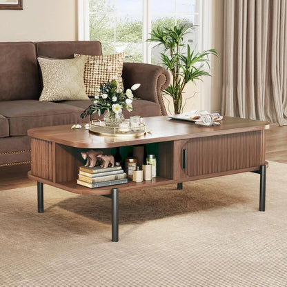 coffee table, 39.4" mid century modern coffee tables for living room, coffee table with storage open shelf, fluted table with sl