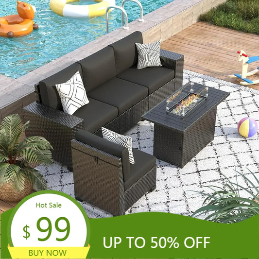 black wicker outdoor sectional sofa set with fire pit table for patio