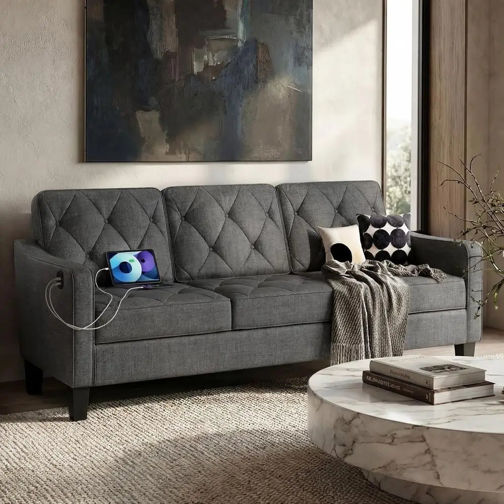 83” Century ern 3 Seater Couch, Small Couches or Living Room, Comy Grey Couch or Aparent Oice Waiting Area, Tuted Design (k Grey