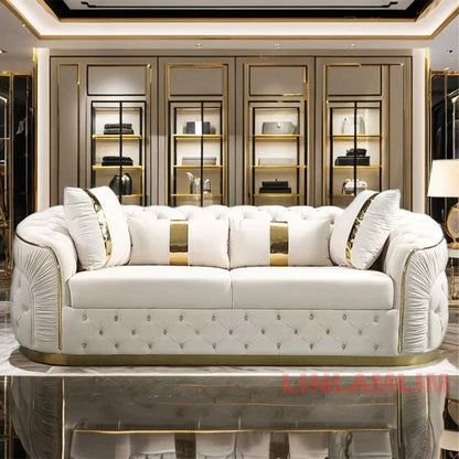 Luxury Chesterfield Sectional Sofa Set with Cloth Buttons and Fabric Modular Couch with Gold Stainless Steel Base, 3-seater Sofa