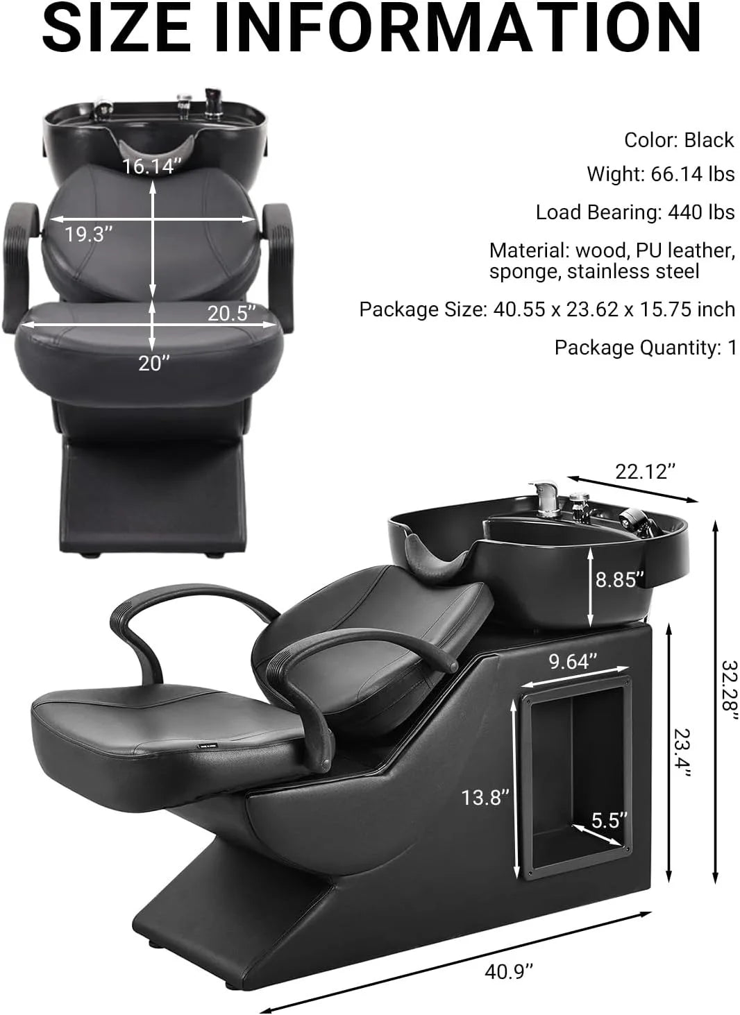 Shampoo Bowl and Chair Set for Salon, Hair Washing Station for Hair Stylist, ABS Shampoo Bowl Sink Chair with Side Store Compart