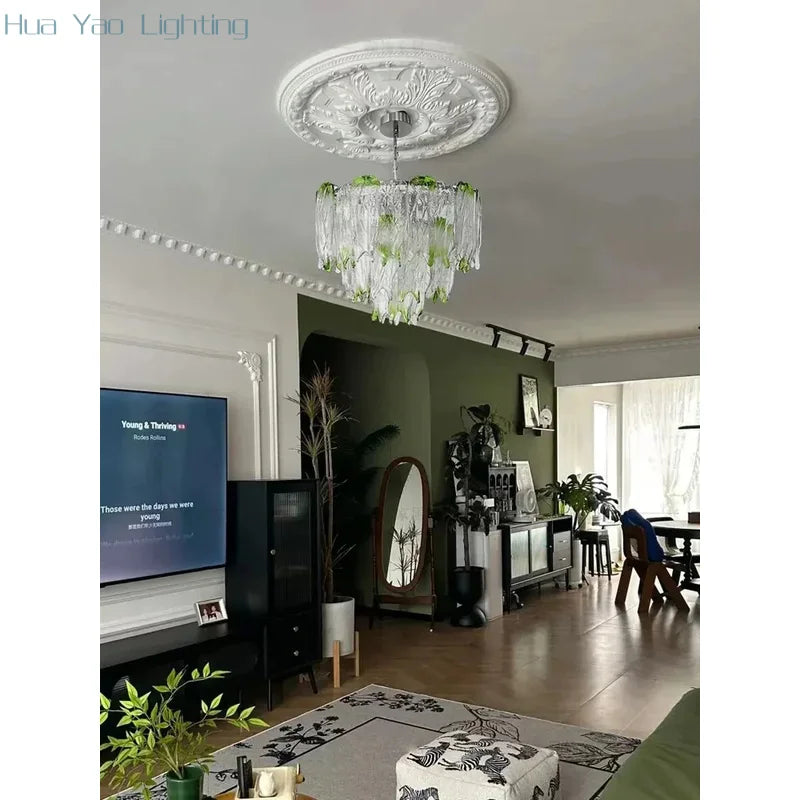 French Romantic Lustre Luxury Chandeliers Antique Designer Gradient Green glass LED Main lamps For Living Room