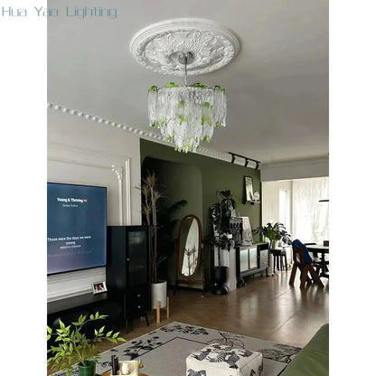 French Romantic Lustre Luxury Chandeliers Antique Designer Gradient Green glass LED Main lamps For Living Room