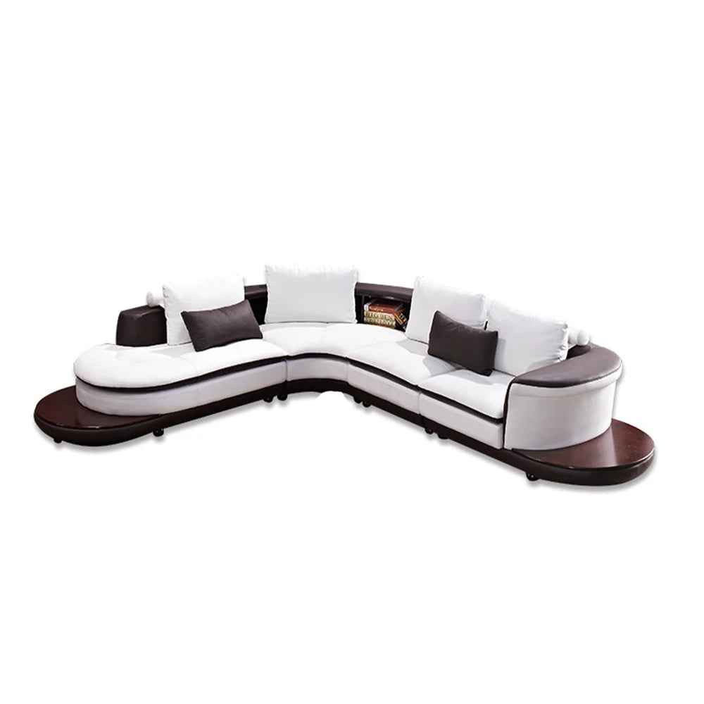Modern Luxury Genuine Leather Sectional Sofa Set with Speaker and USB, U-Shaped Design Living Room Couch with Storage Shelves