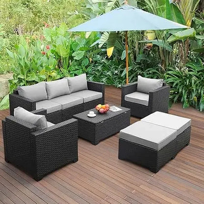 Outdoor Patio Wicker Furniture Set: 6-Piece PE Rattan Conversation Sectional Sofa with Royal Blue Cushions