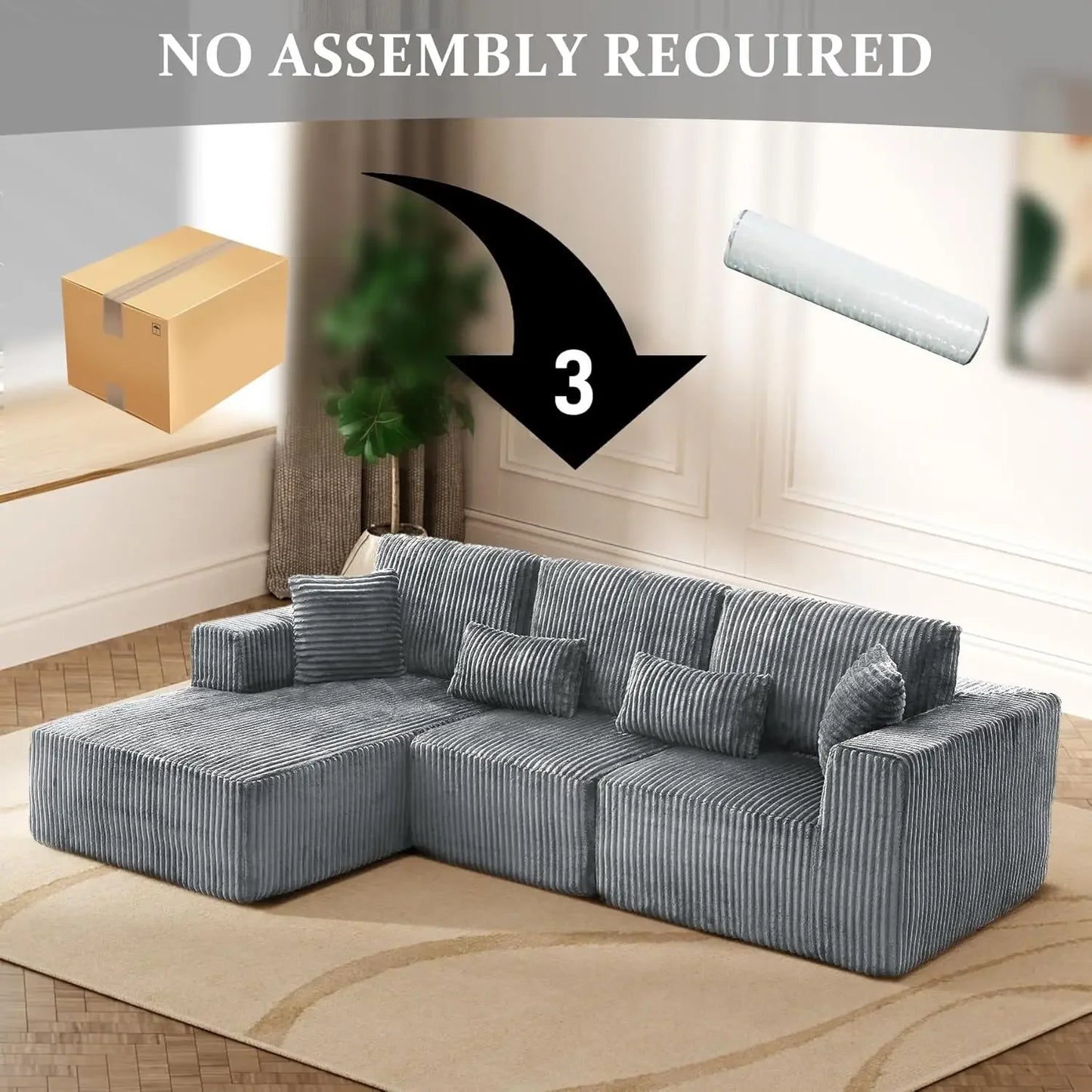 108" L-Shaped Cloud Couch for Living Room, Comfy Fluffy Memory Foam Deep Seat Modular Sectional Sofa with Left Chaise, Dark Grey