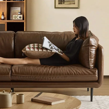 Retro oil wax leather sofa down large living room Nordic simple medium and ancient style straight row leather art sofa