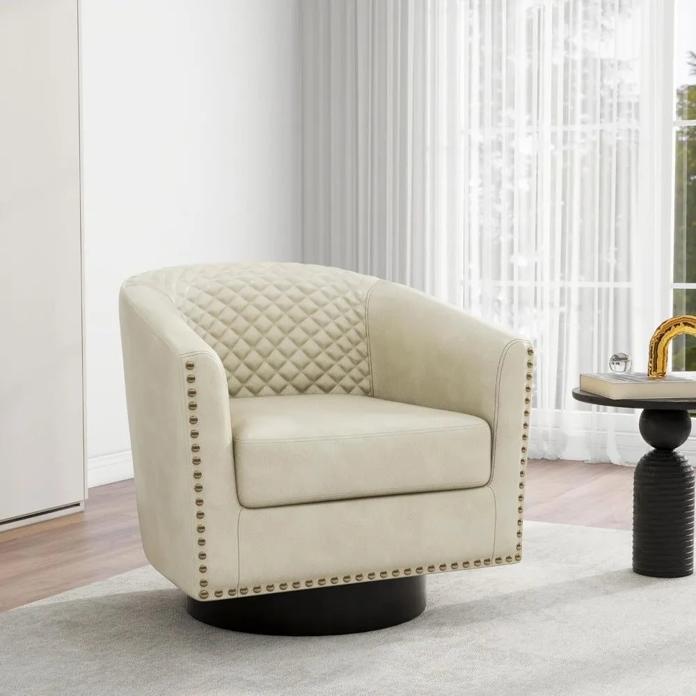 Swivel Barrel Accent Chairs, Comfortable Modern Upholstered Round Faux Leather Armchairs for Living Room and Bedroom, Beige, Set