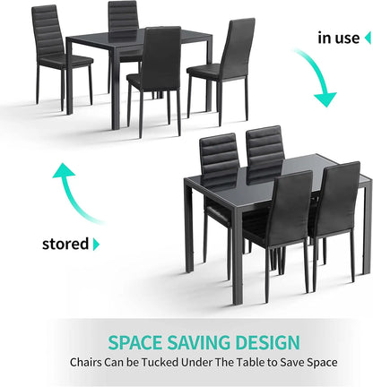5-Piece Glass Dining Table Set with PU Leather Chairs for 4, Modern Kitchen Living Room Furniture